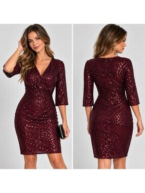 Belle Poque Burgundy Sequin Dress Women M Cocktail Party Wrap V Neck 3/4 Sleeve